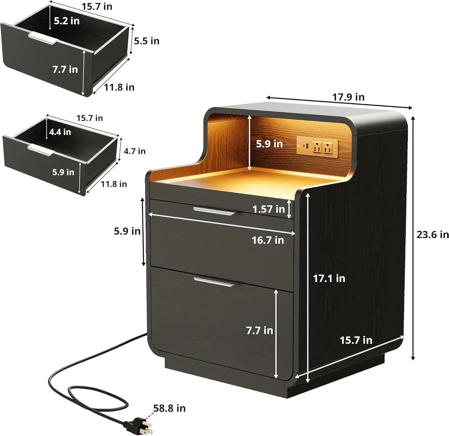 Likimio Nightstand With Charging Station And LED Lights Bedside Table With Pull Out Shelf For Bedroom Black
