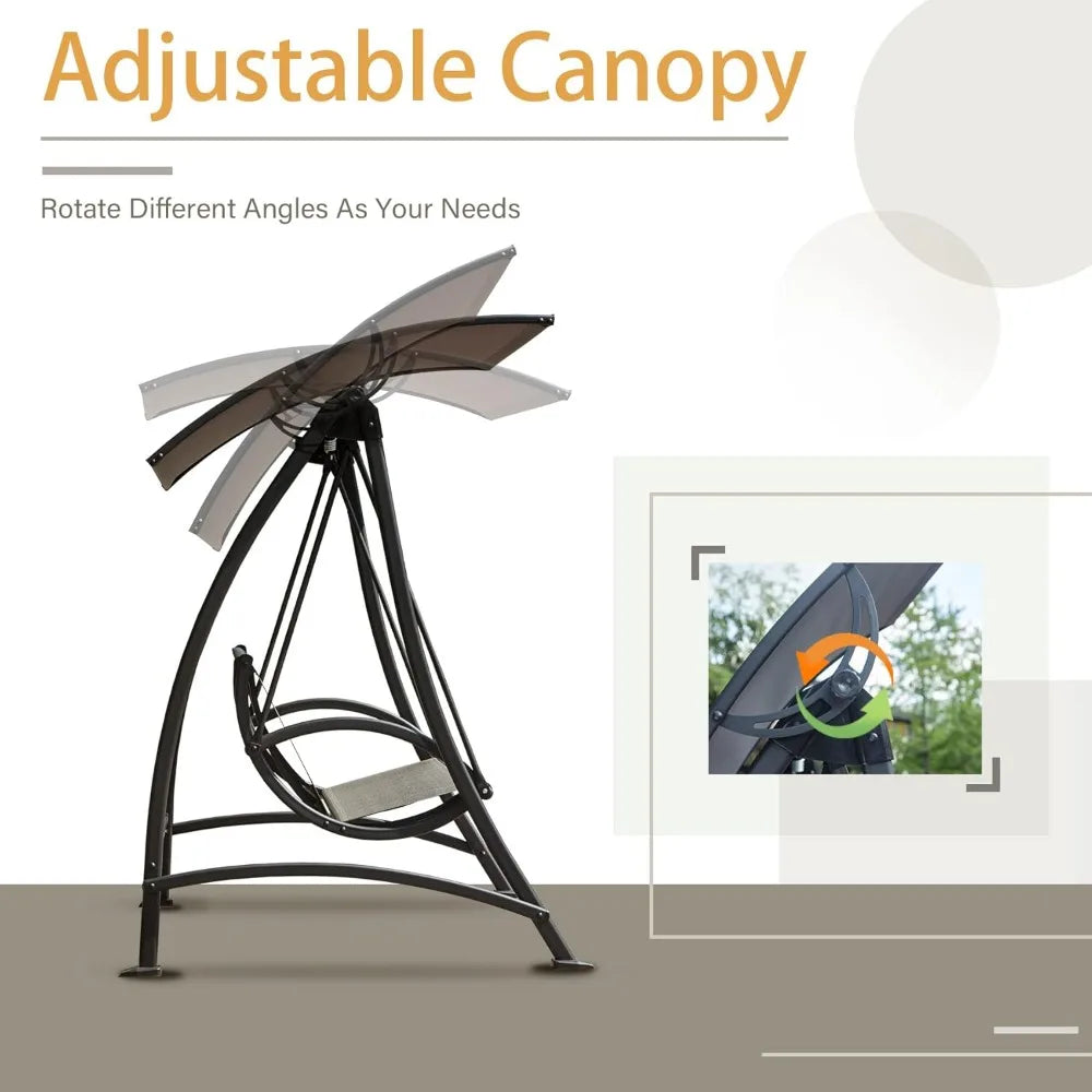 Domi Porch Patio Swing with Adjustable Canopy, 3-seat Swing with Stand, Outdoor Swings w/Armrests, Weather Resistant Steel Frame
