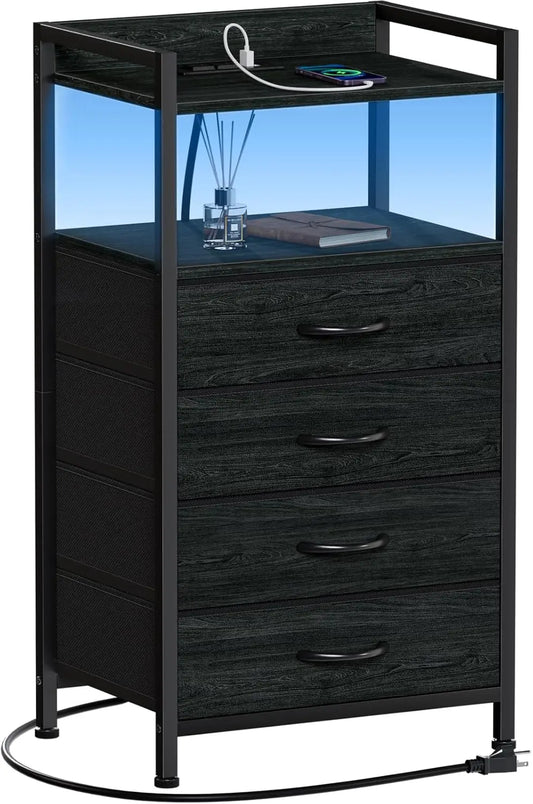 Nightstand With Charging Station LED Lights And Drawers Storage Bins