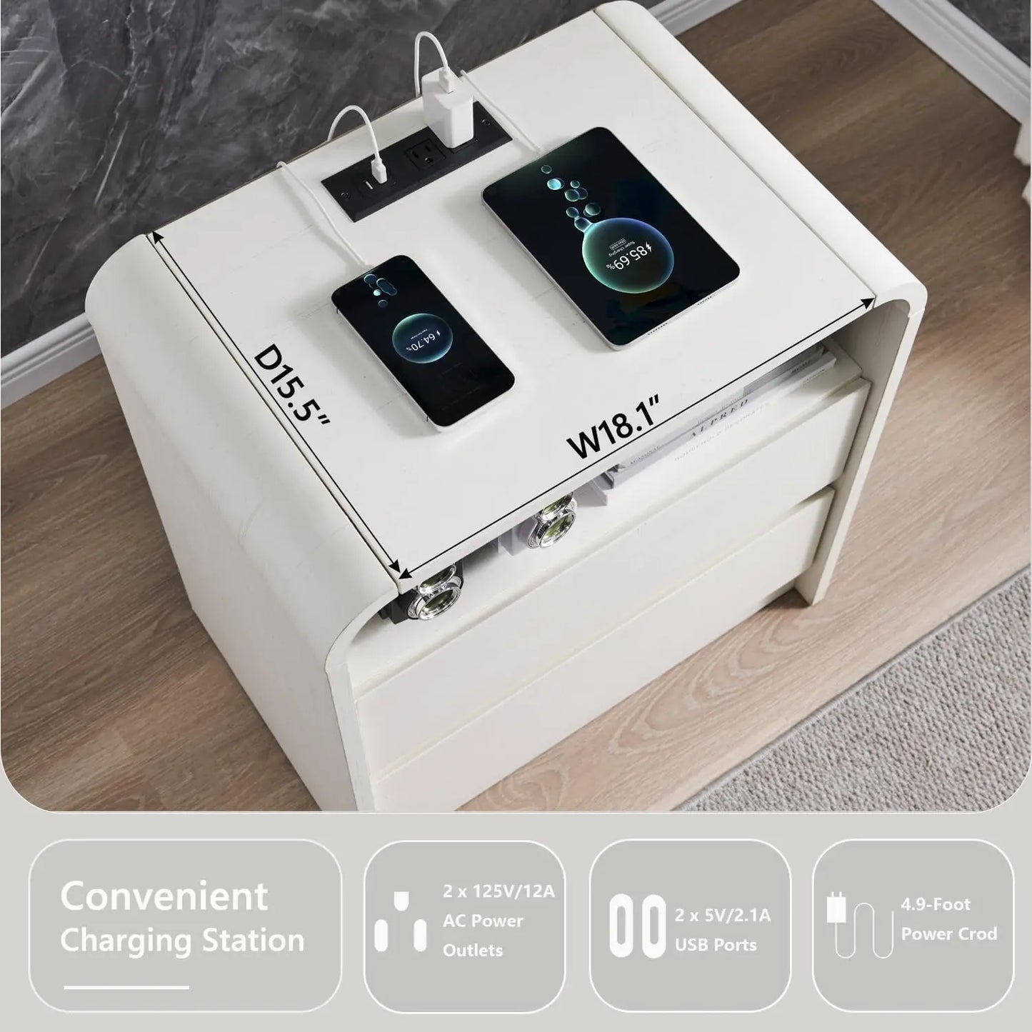 GYROOR Nightstand With Charging Station Bedside Table With Drawers