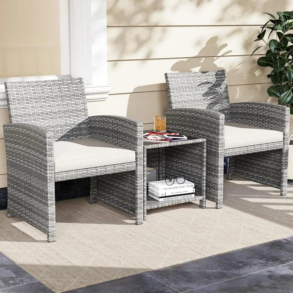 3-Piece Outdoor Wicker Patio Furniture Set with Cushions and Storage Table for Porch, Balcony, or Garden