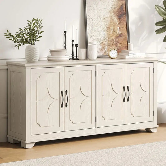 Buffet Cabinet With Storage Sideboard, 4 Carved Doors, Modern Credenza