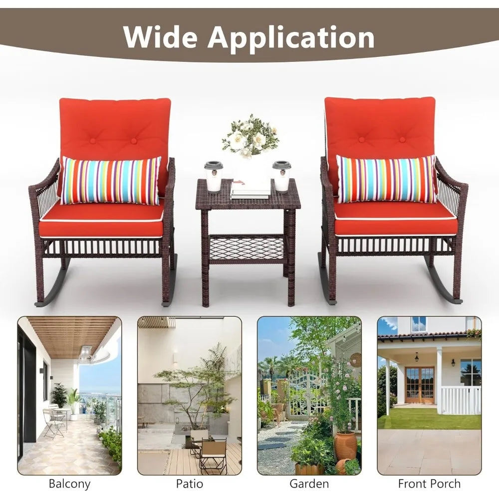 3-Piece Patio Set: 2 Outdoor Rocking Chairs + Wicker Conversation Set with Coffee Table