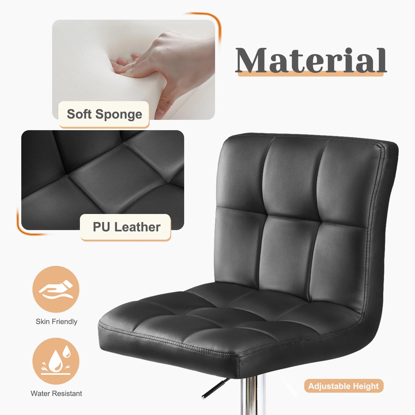 JHK PU Leather Bar Stools Set Of 2 Upholstered Counter Height Stools With Comfortable Backrest SGS Certified