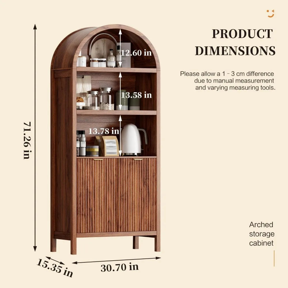 71" Tall Arched Kitchen Pantry,Modern Fluted Wood Storage Cabinet with Doors,Adjustable Shelves,Organizer, Versatile Cupboard fo