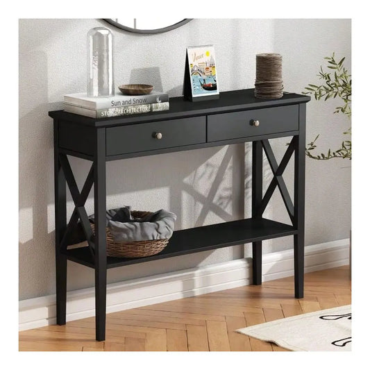 Narrow Wood Console Table With Drawers And Entryway Storage Shelf