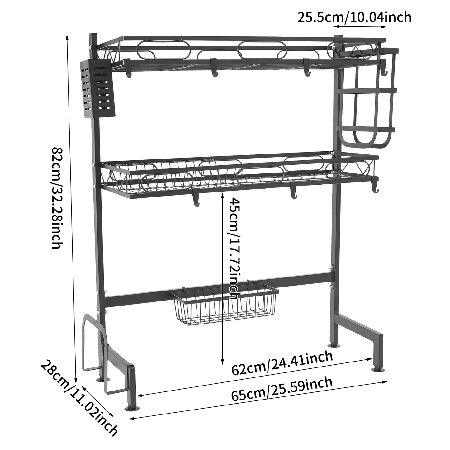 Two Tier Over Sink Dish Drying Rack Carbon Steel Above Sink Drainer Kitchen Organizer For Kitchen Counter 62 To 82 Cm