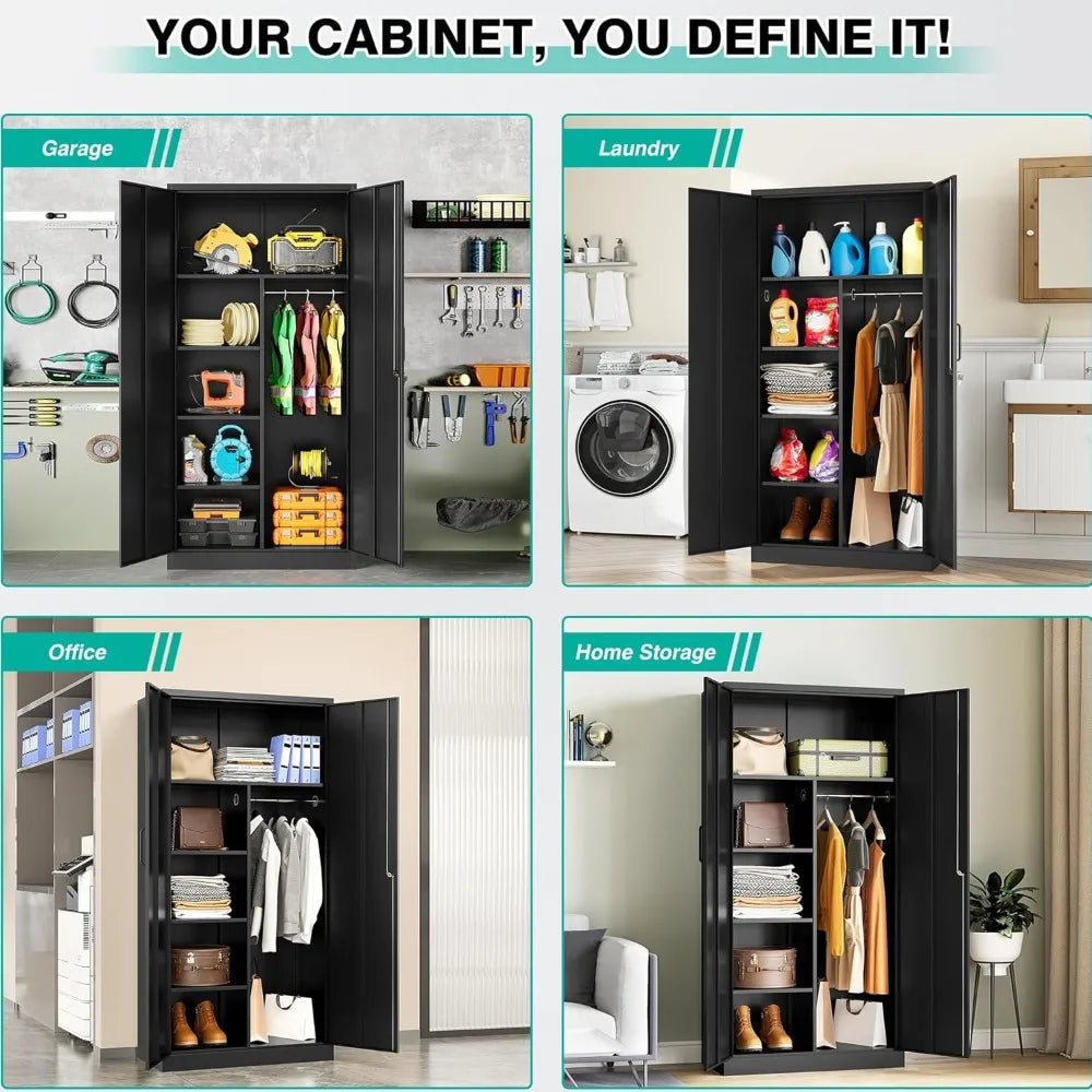 Metal Wardrobe Cabinet with Lock, 72 Armoire Closet with Hanging Rod, Lockable Storage Locker, Black Storage Cabinet with Lockin
