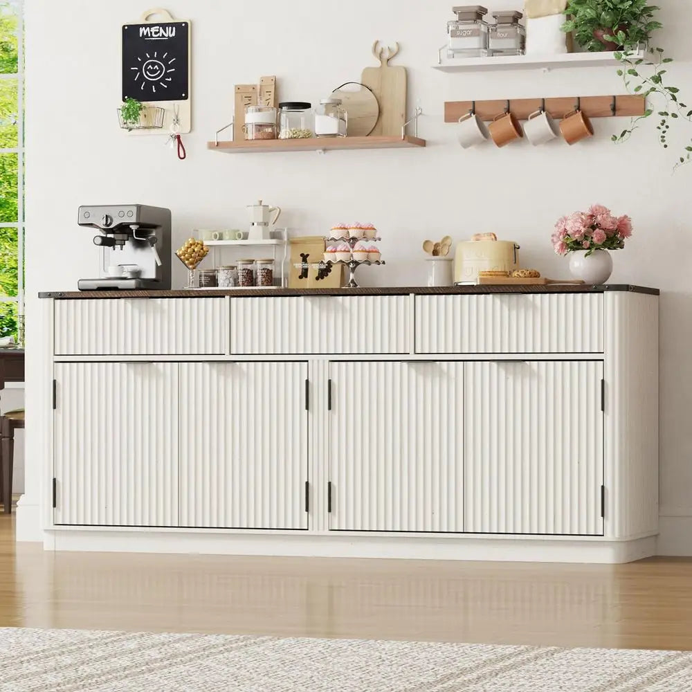 Curved Buffet Cabinet With 3 Storage Drawers And Steel Shelves