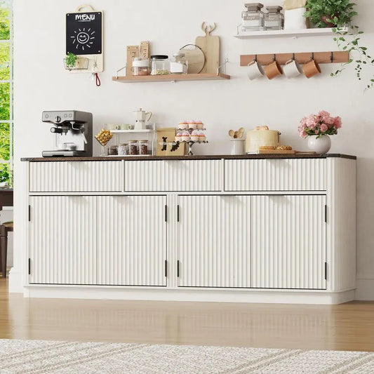 Curved Buffet Cabinet With 3 Storage Drawers And Steel Shelves