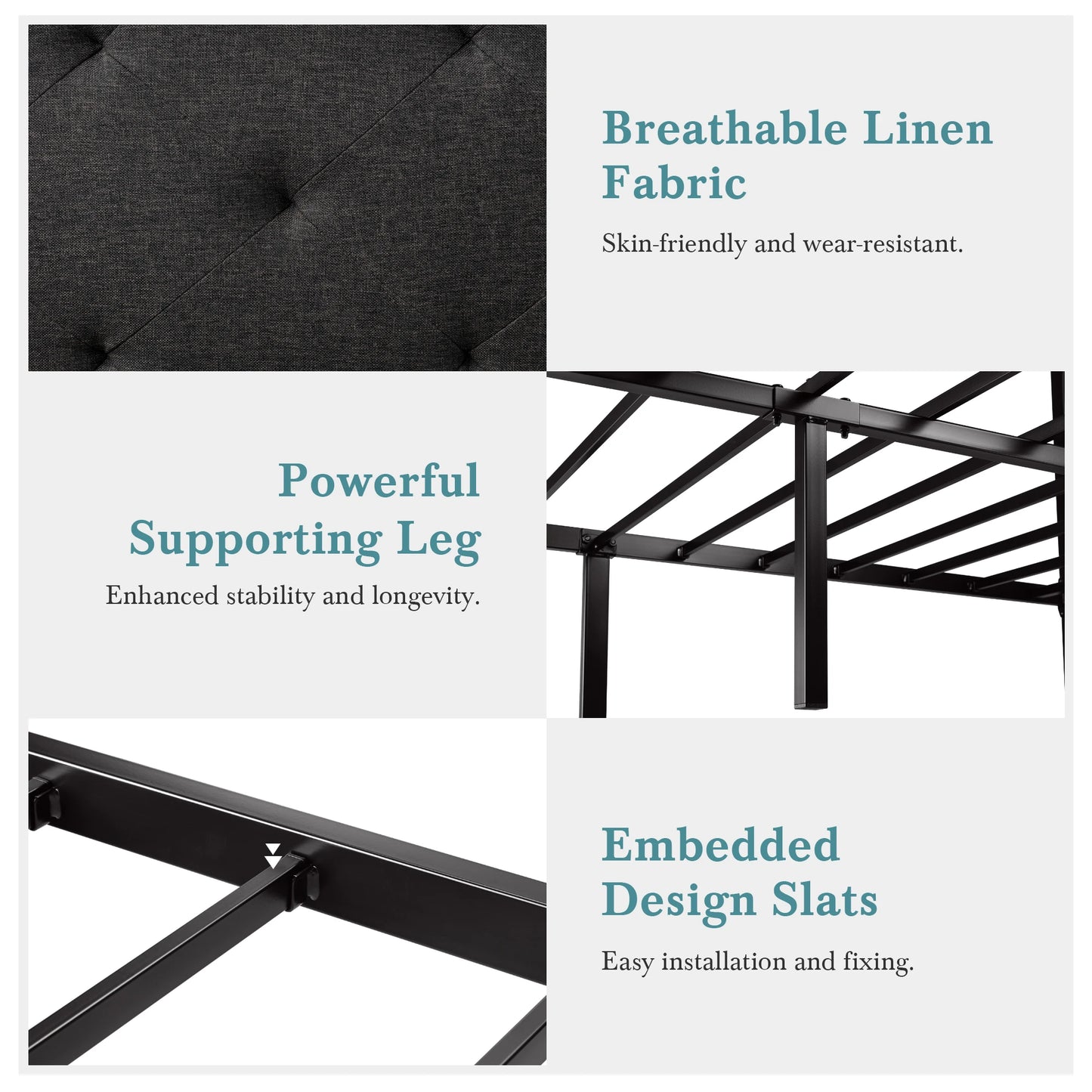 HOOMIC Metal Bed Frame With Upholstered Headboard In Linen Fabric Sturdy Foundation No Box Spring Needed