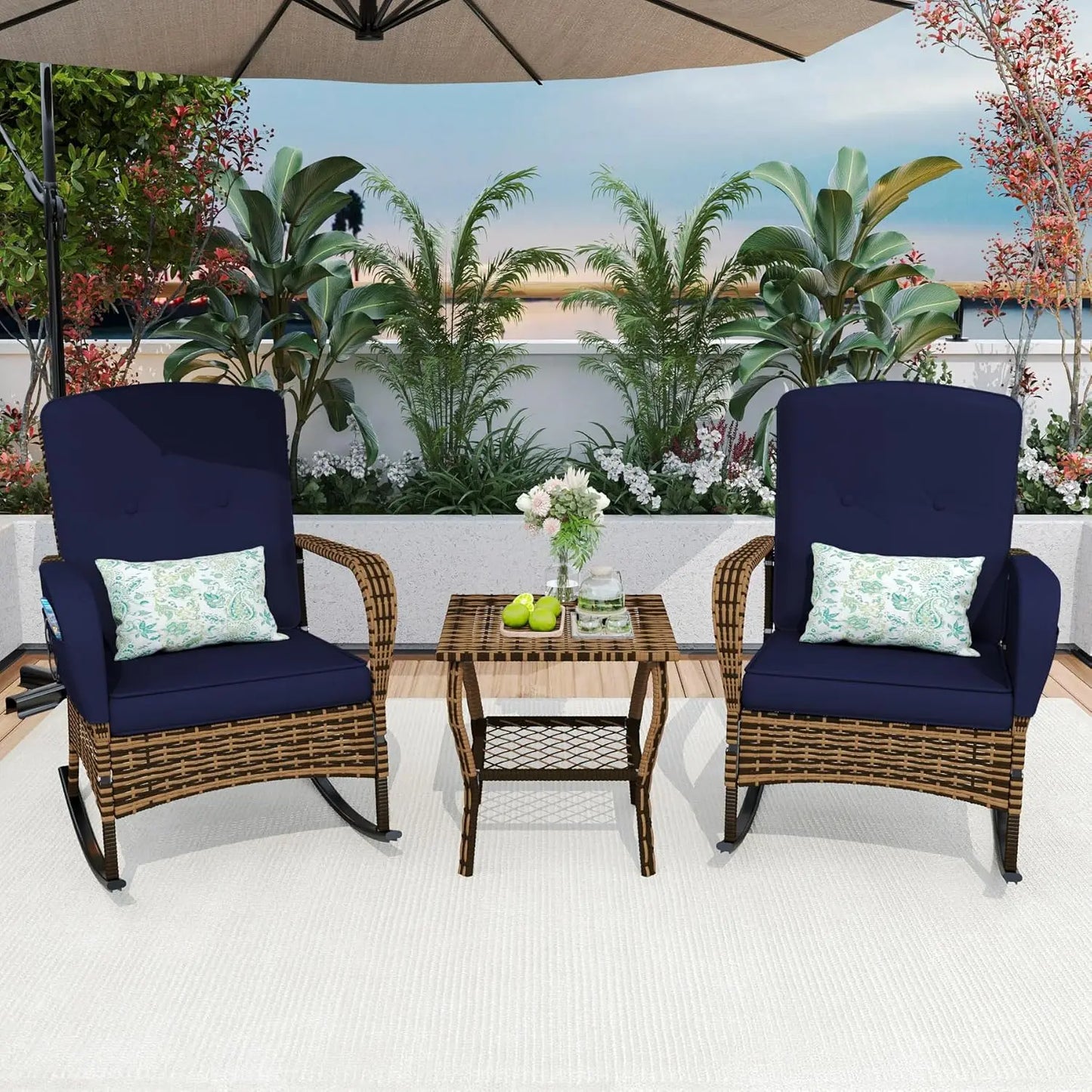 3-Piece Patio Set: 2 Outdoor Rocking Chairs + Wicker Conversation Set with Coffee Table