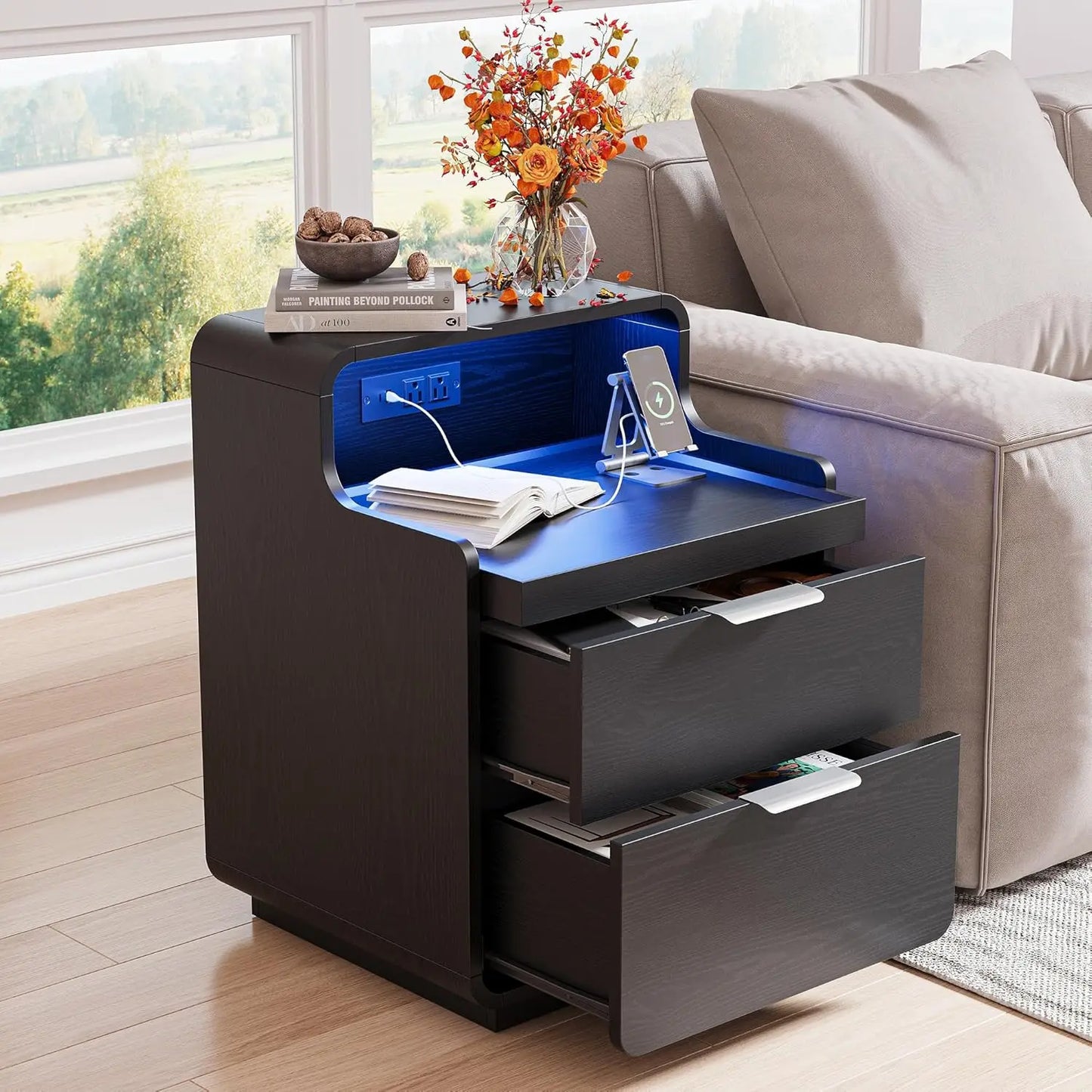 Likimio Nightstand With Charging Station And LED Lights Bedside Table With Pull Out Shelf For Bedroom Black