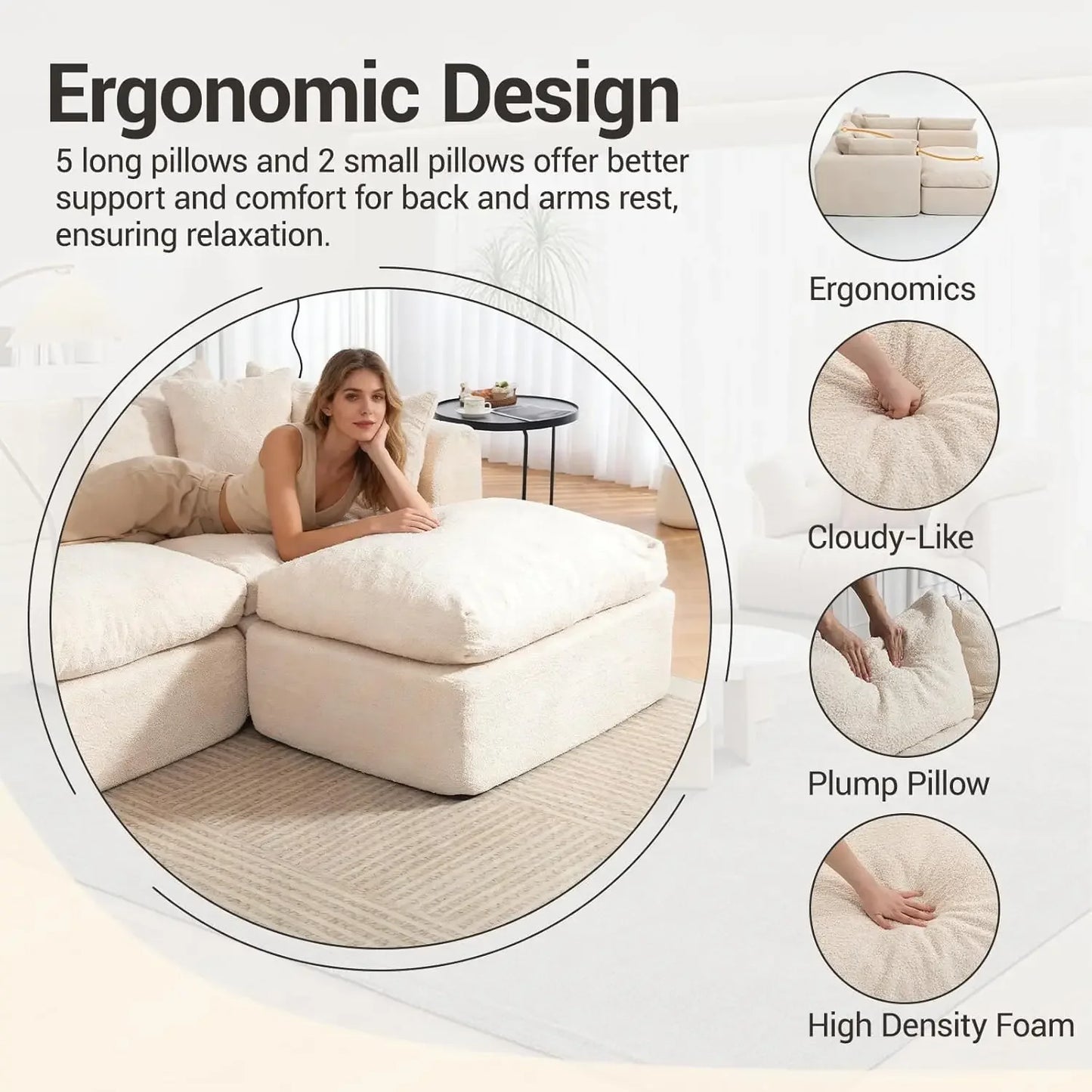 GUANGBAI Cloud Boneless Sofa Couch Deep Seat Modular Sectional Ottoman