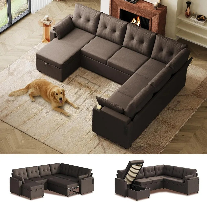 U Shape Sectional Sofa With Storage Chaise And Sleeper