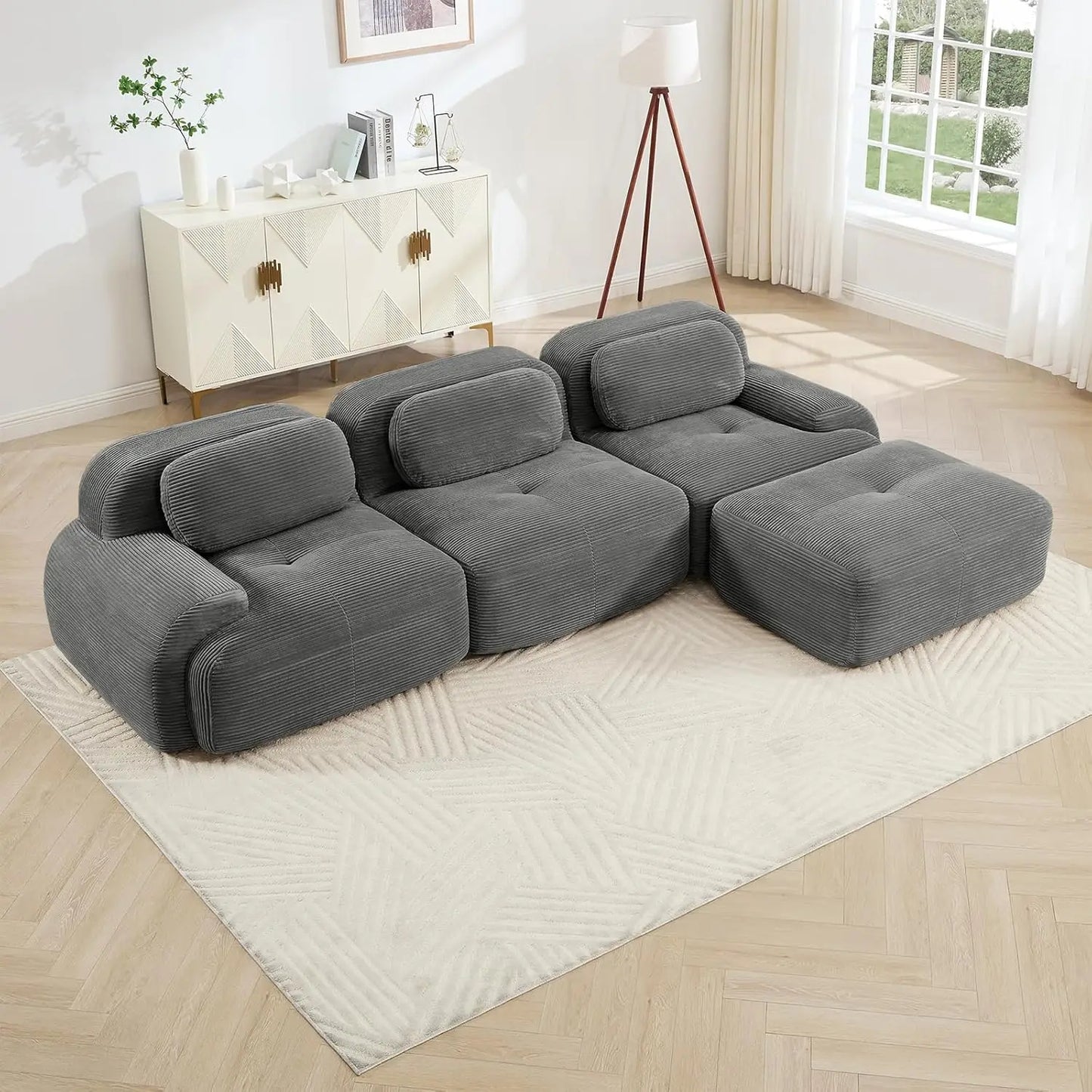 ZHUXIANG Modern Corduroy Cloud L Shaped Sofa With Ottoman