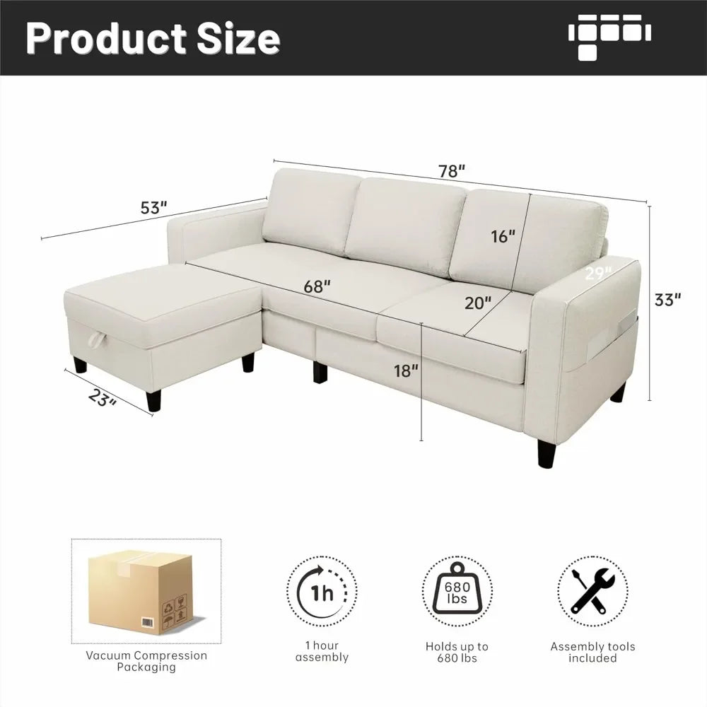 Sectional Sofa Couches for Living Room - 78''L Shaped Beige CoucLinen-Pet Friendly Modular 3-Seater Convertible Sofas-Washable