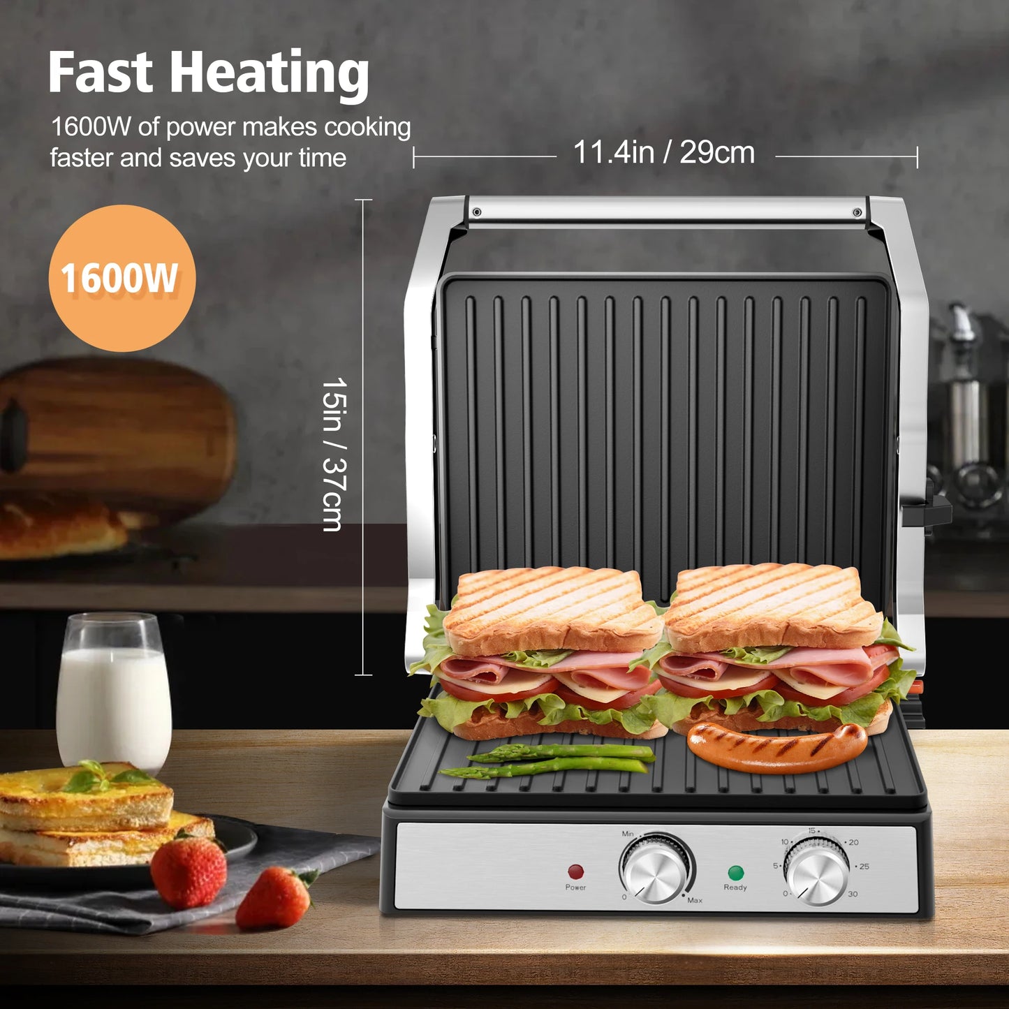 Cachoo 1600W Panini Press 4 Slice With Adjustable Temp