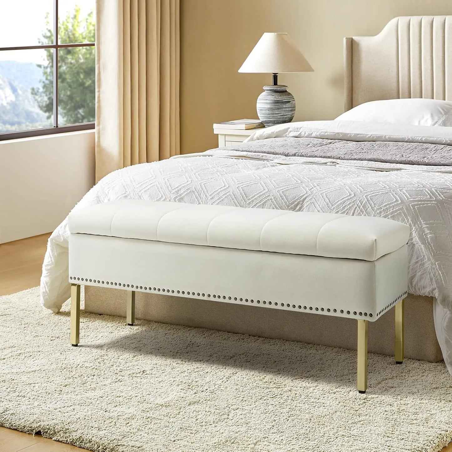 Velvet Flip Top Storage Ottoman Bench With Nailhead Trim