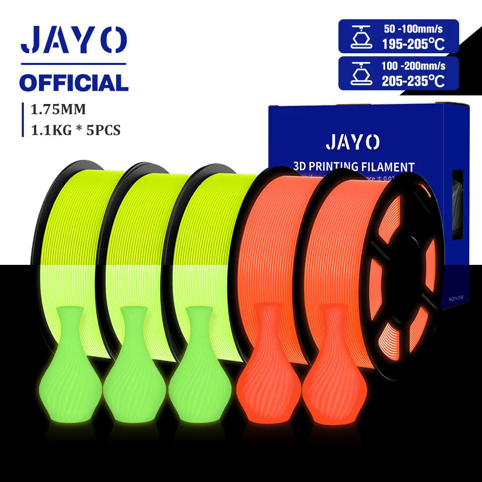 JAYO PLA Filament 1.75mm Glow in the Dark PETG 3D Printer Filament 1.1KG Neatly Wound Luminous 3D Printing Material For FDM