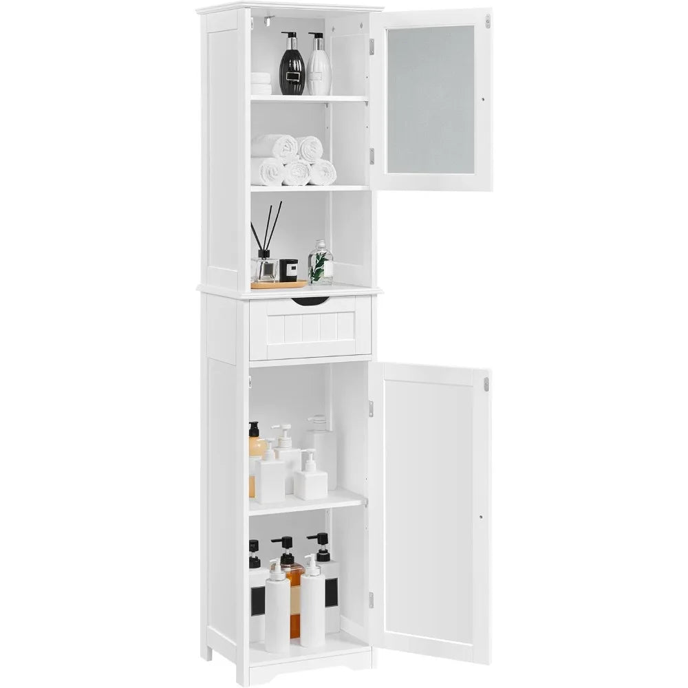 Freestanding Tall Bathroom Storage Cabinet with Glass Door and Adjustable Shelving