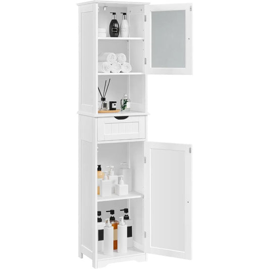 Freestanding Tall Bathroom Storage Cabinet with Glass Door and Adjustable Shelving