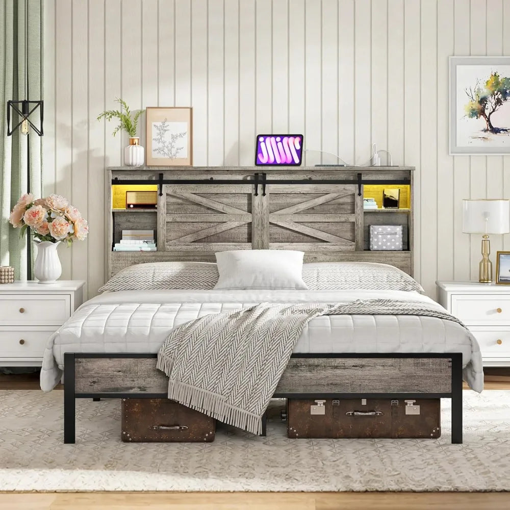 HOOBRO Queen Headboard with Storage Shelf, Farmhouse Queen Headboard Only with Charging Station & LED Lights, Bookcase Headboard