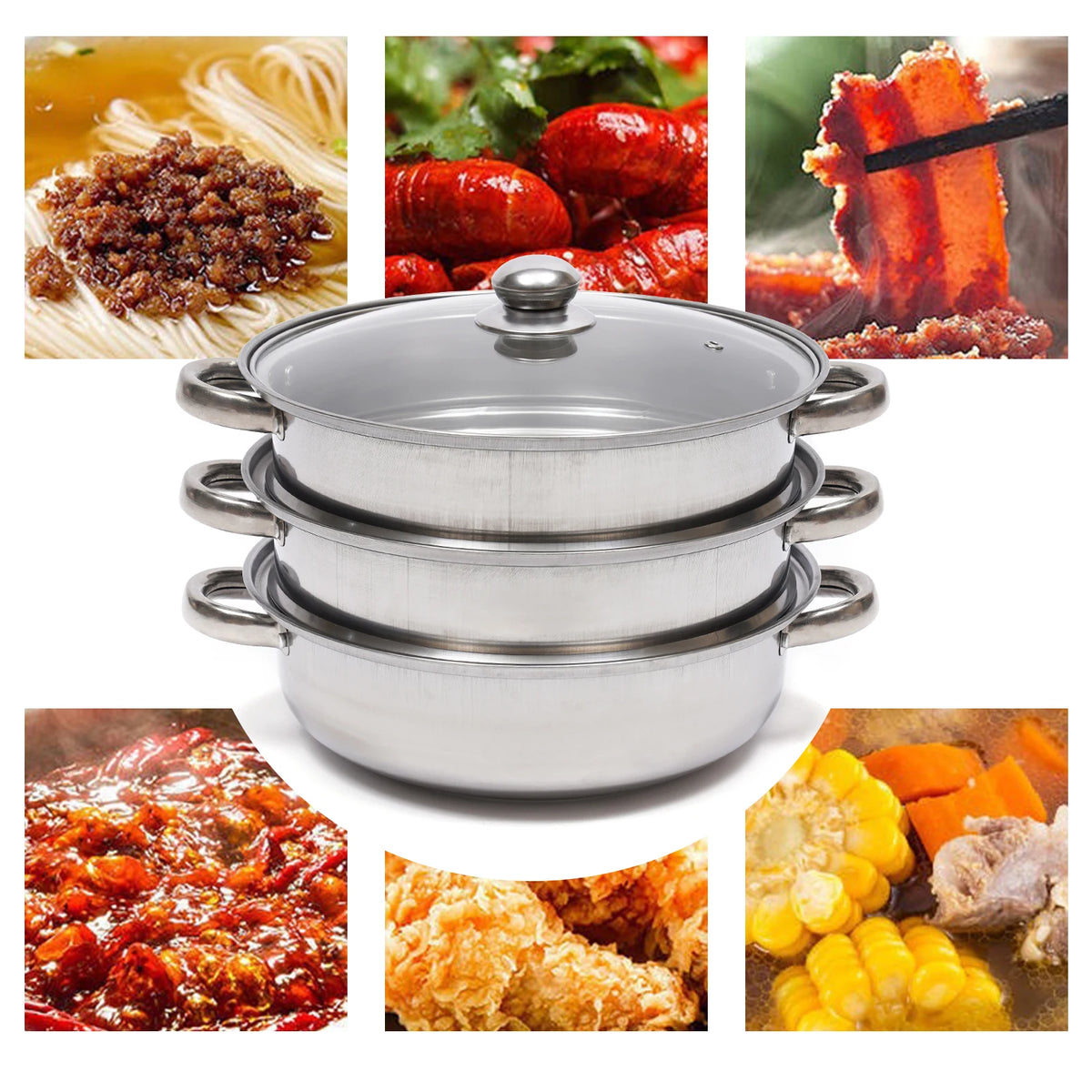 Stainless Steel Triple Layer Steamer Pot For Induction And Gas