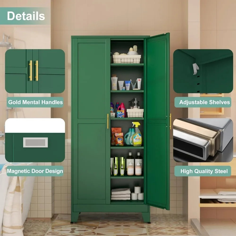 Metal Pantry Cabinet With 2 Doors And 5 Adjustable Shelves