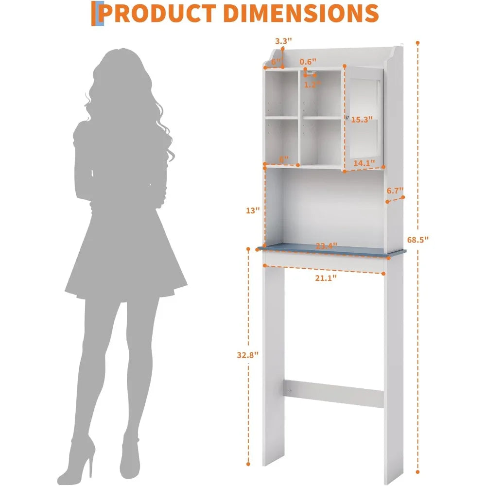 Over Toilet Storage Cabinet With Glass Door And Adjustable Shelves