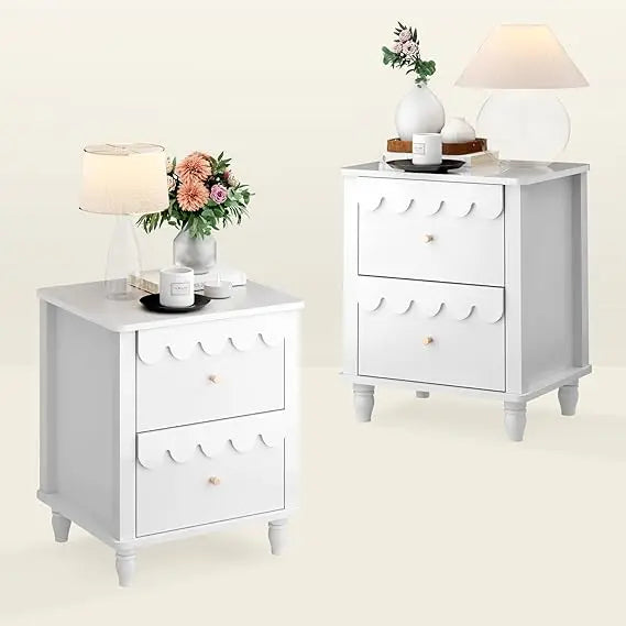 White Nightstand Set of 2 with 2 Drawers, Modern Night Stand Set 2 with Petal Pattern for Bedroom, Side End Table Scalloped Beds