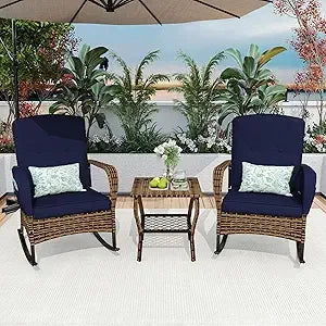 Patio Three Piece Rocking Chairs Set With Wicker Table