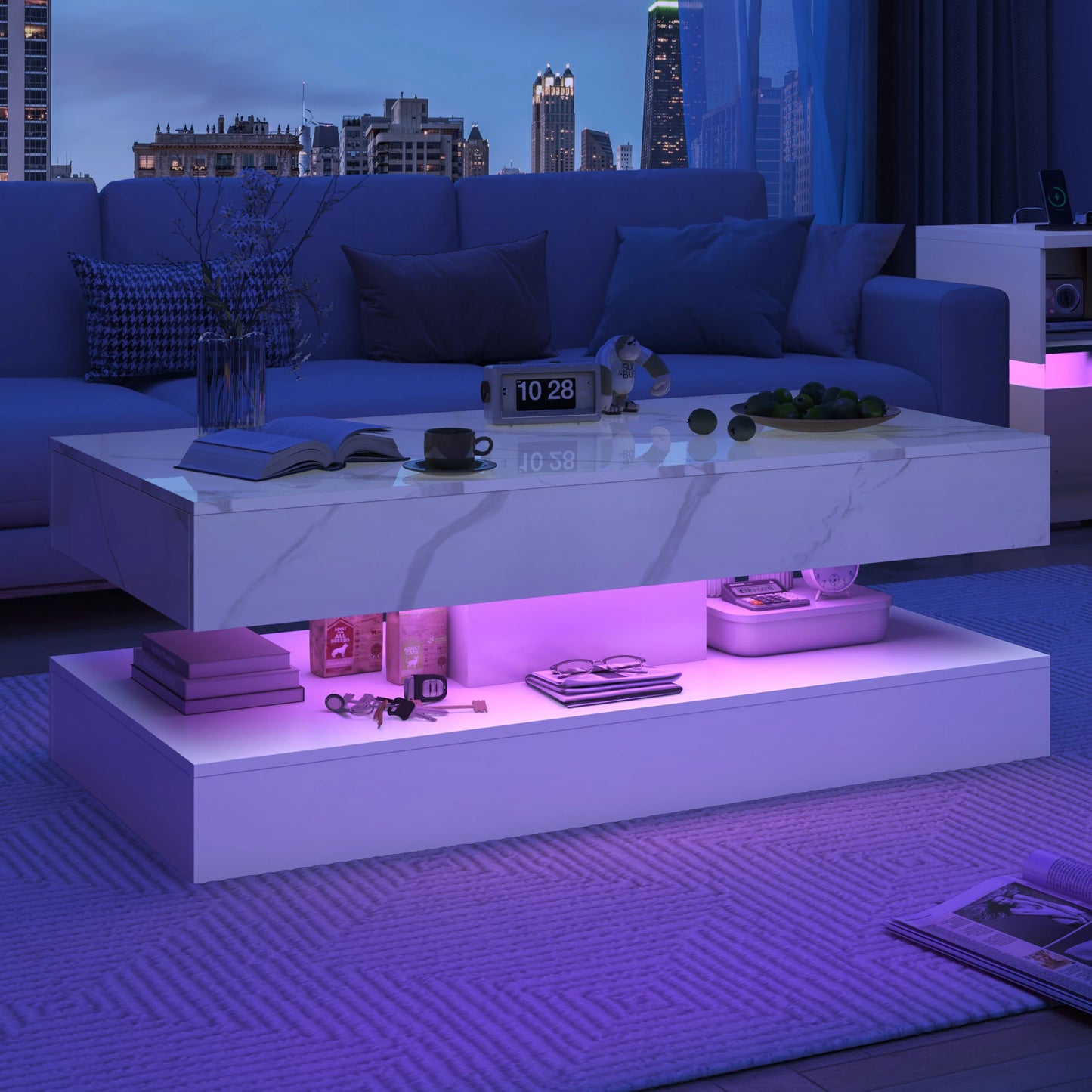 QiaoShiRen Modern LED Coffee Table With Dual Drawer Storage