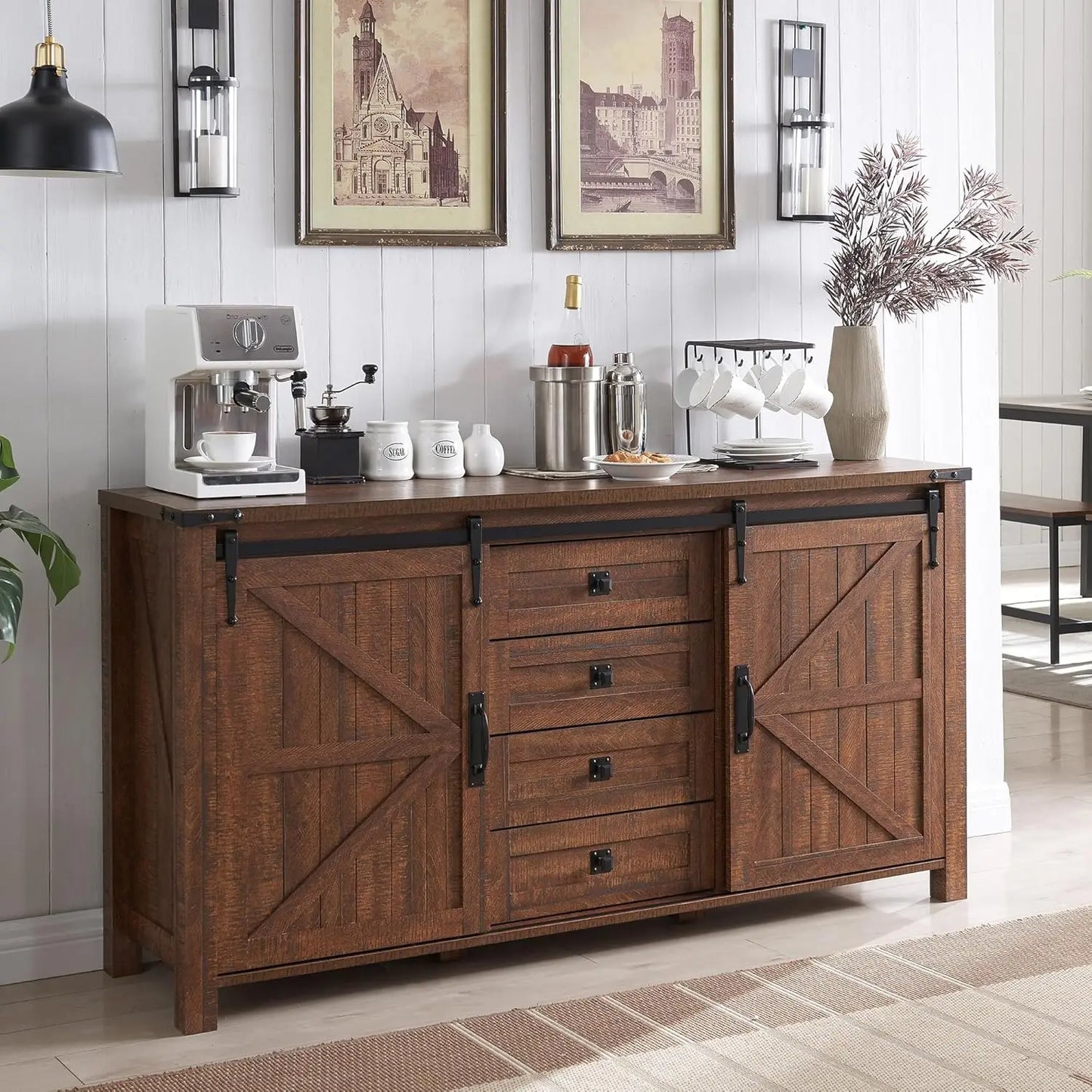 T4TREAM Farmhouse Sideboard Buffet With Storage Sliding Barn Door 4 Drawers