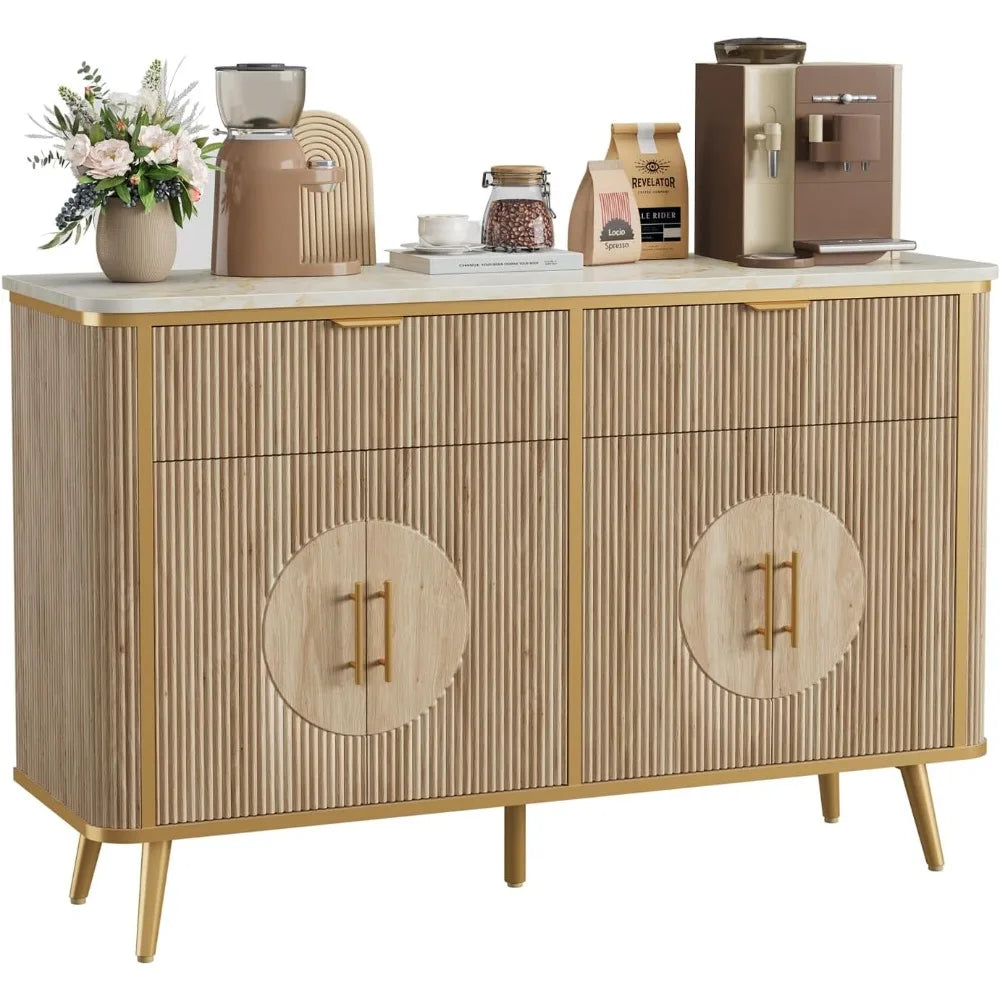 "47.2" Fluted Buffet Cabinet - Modern Coffee Bar with 2 Drawers & Adjustable Shelves, Kitchen/Dining Room Sideboard"