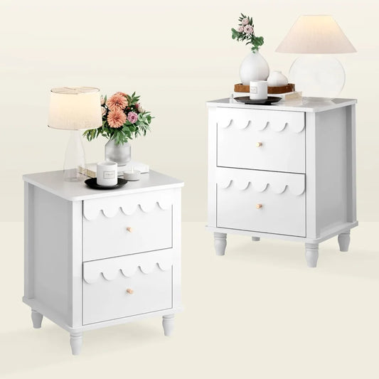 White Nightstand Set of 2 with 2 Drawers, Modern Night Stand Set 2 with Petal Pattern for Bedroom, Side End Table Scalloped Beds