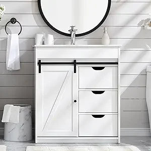 30" Farmhouse Vanity with Sink, 33.7" Tall with Sliding Barn Door, Wooden Floor Standing Cabinet w/3 Drawers & Adjustable Shelve