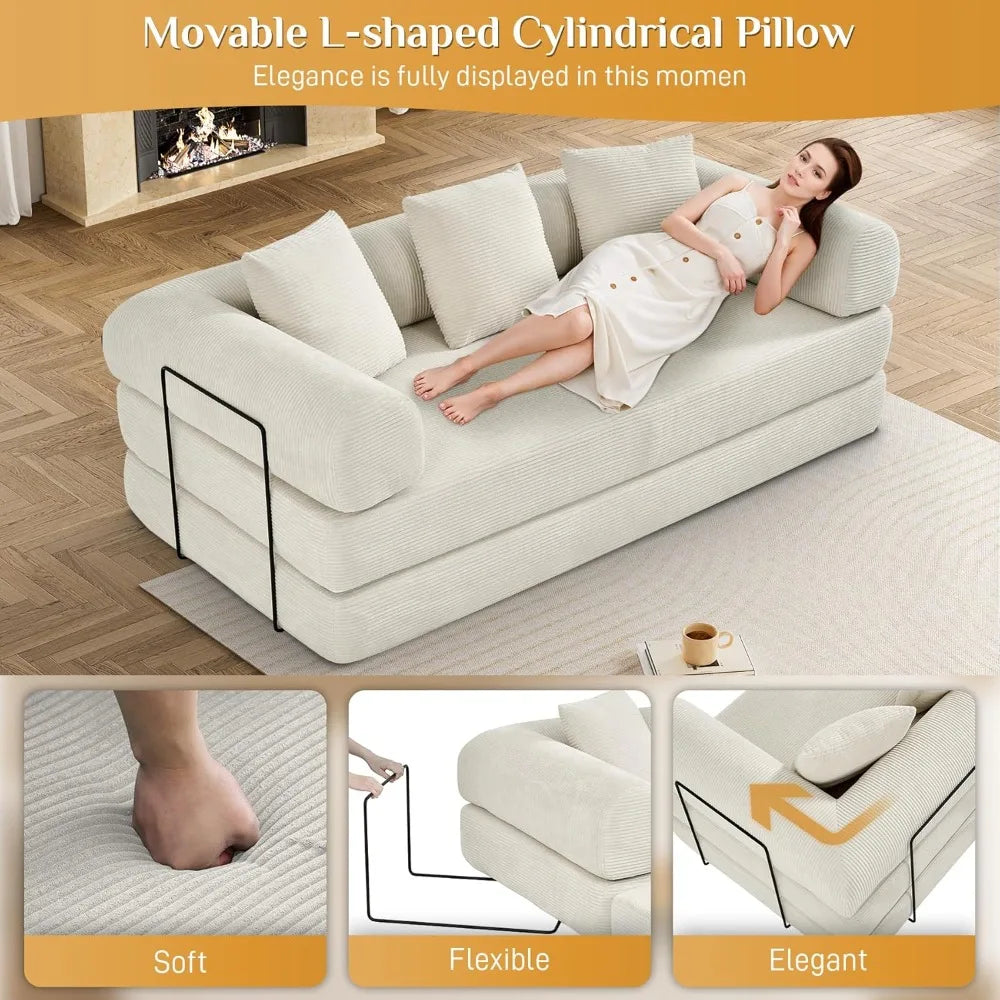 Convertible Sleeper Sofa Bed with Pillow, 4-in-1 Corduroy Folding Mattress Couch with Fixed-Shape Frame, Fold Out Floor Sofa Cam