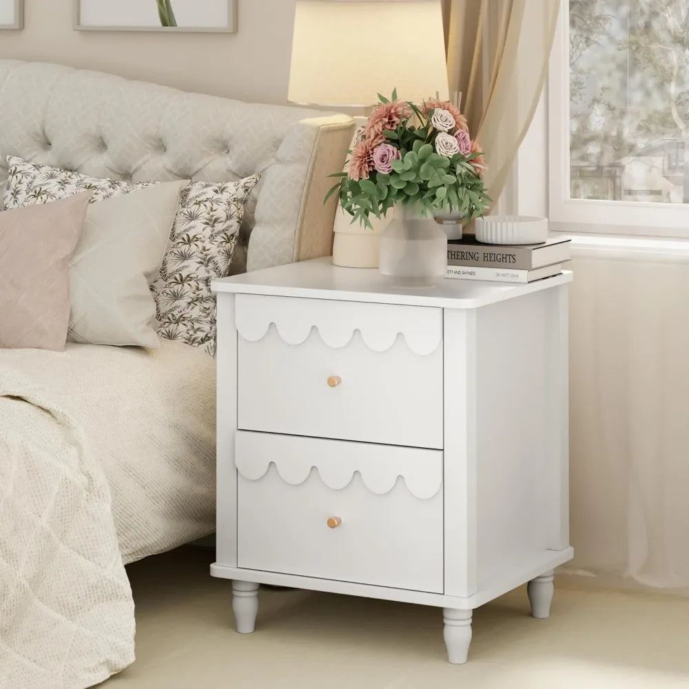White Nightstand Set of 2 with 2 Drawers, Modern Night Stand Set 2 with Petal Pattern for Bedroom, Side End Table Scalloped Beds