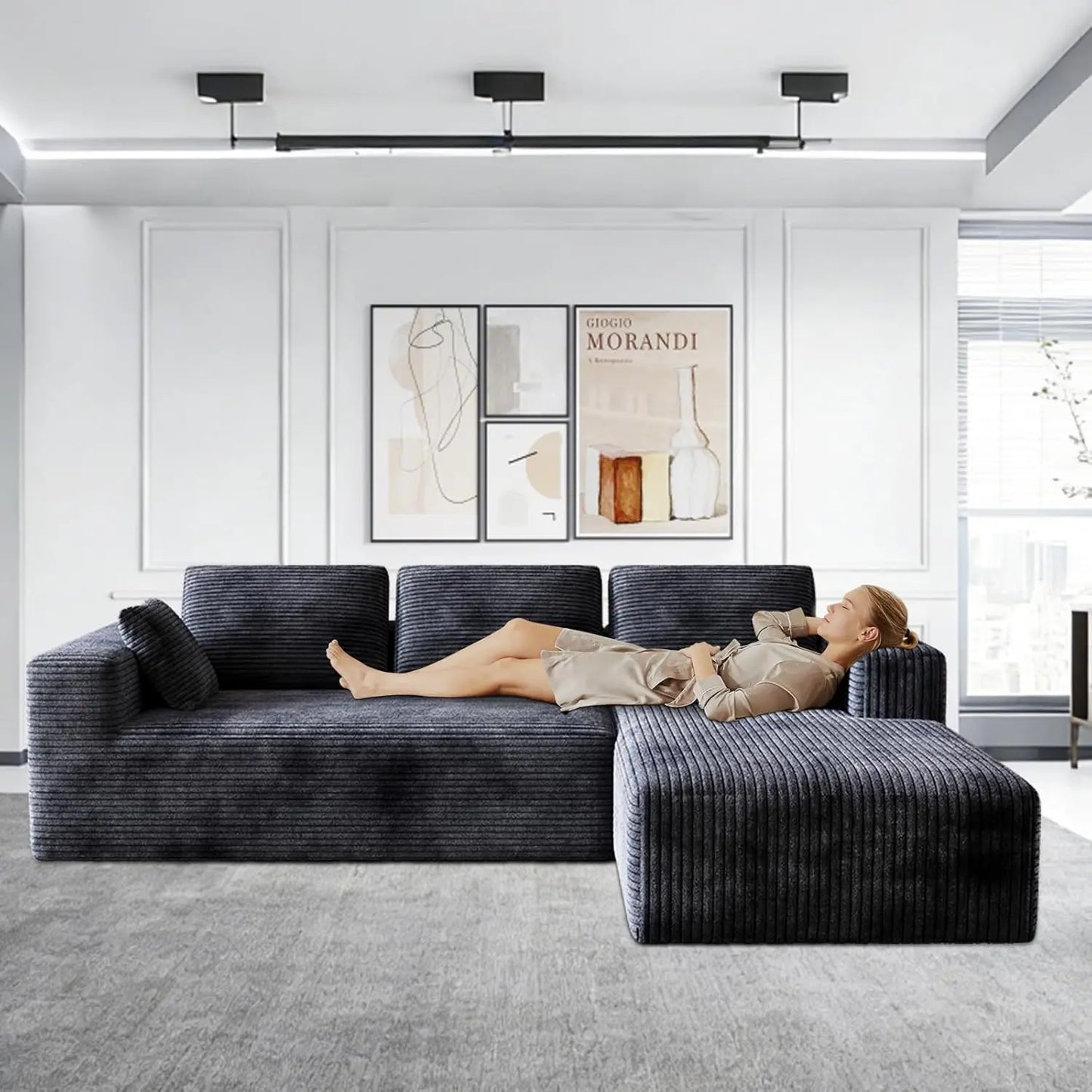 Corduroy Sectional Couch L Shaped Cloud Foam Sofa With Chaise
