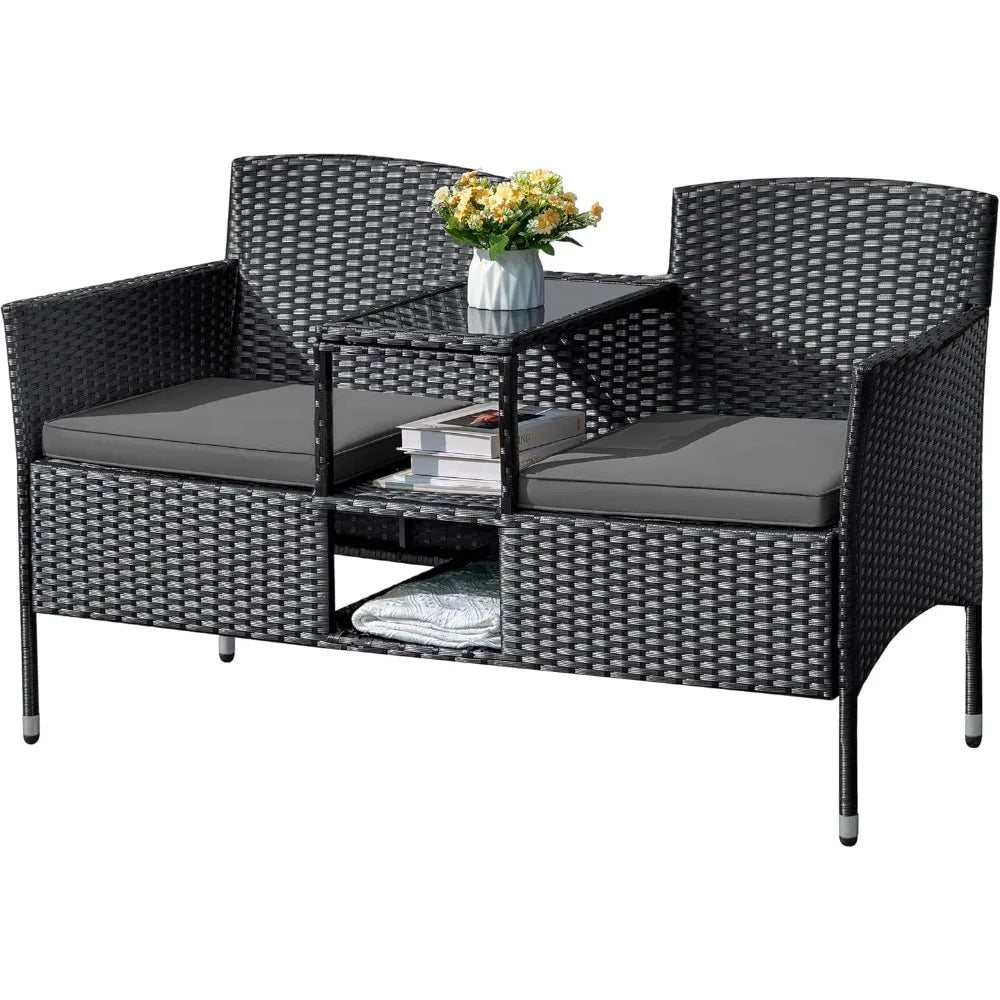 Outdoor Furniture Patio Loveseat Wicker 2-Seat with Built-in Table and Cushions Rattan Porch Chairs Bench for Balcony, Lawn, Ba