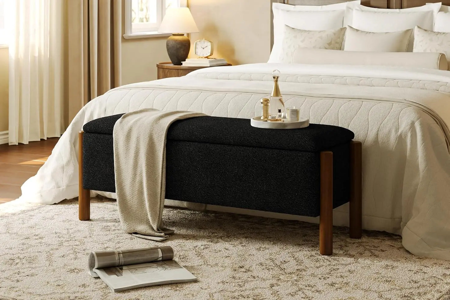 HUANZHUANG Modern Storage Bench With Walnut Legs Ottoman