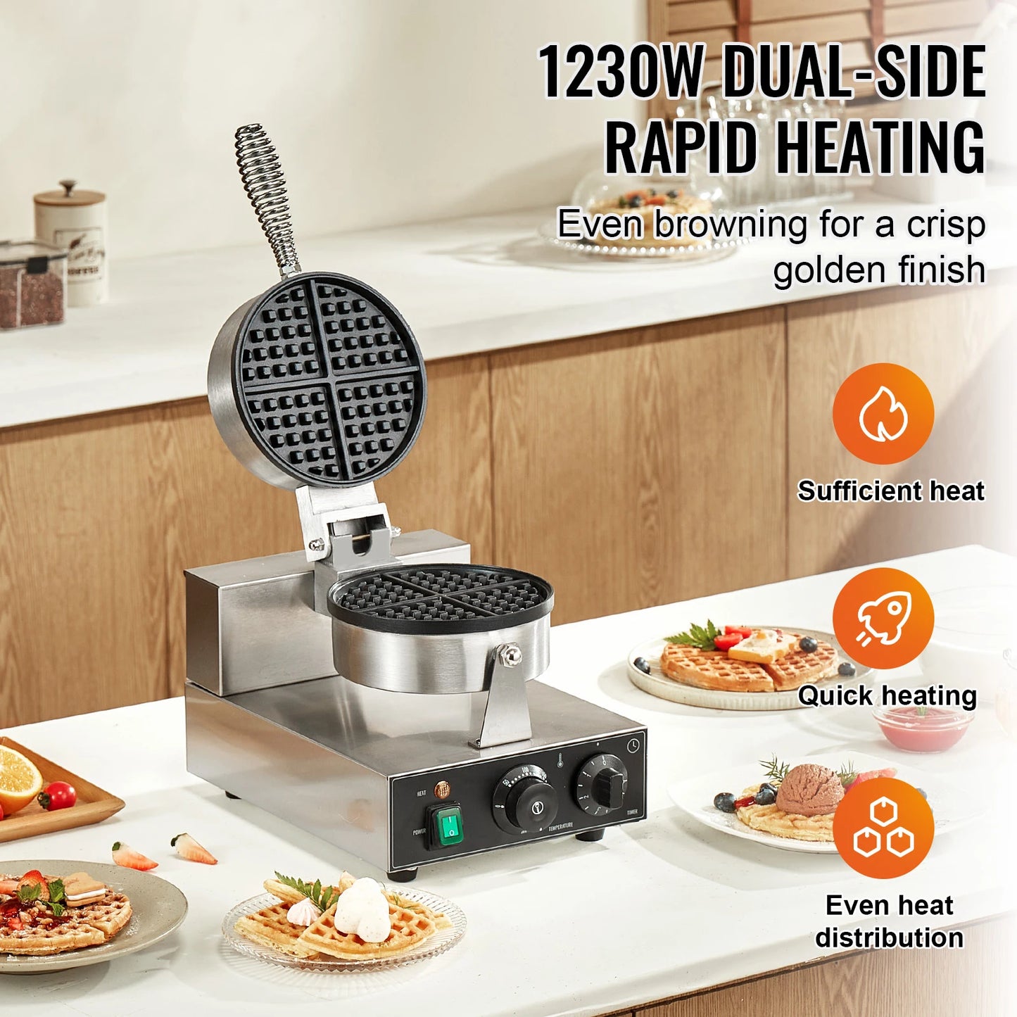 SucceBuy Commercial Waffle Maker 1230W Round Belgian Waffle Iron