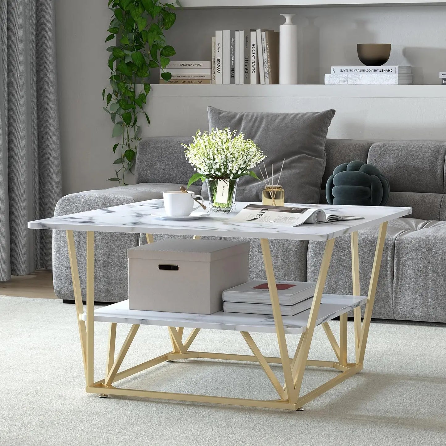 MERRONIX Two-Tier Modern Coffee Table With Wooden Tabletop Metal Frame