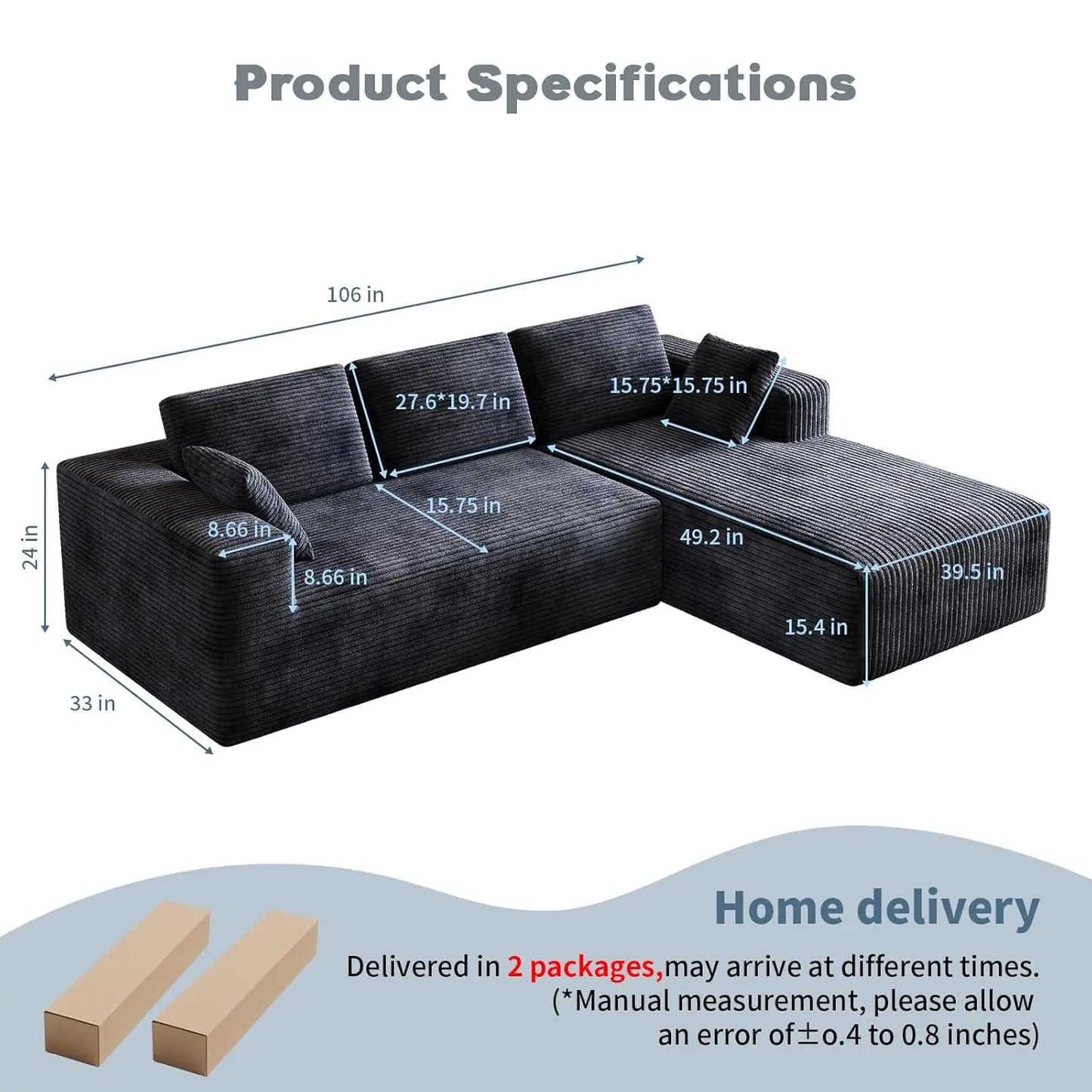 Corduroy Sectional Couch L Shaped Cloud Foam Sofa With Chaise