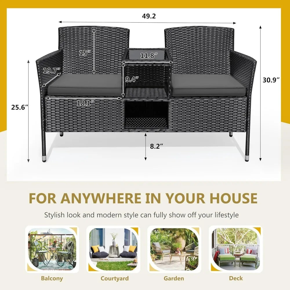 Outdoor Furniture Patio Loveseat Wicker 2-Seat with Built-in Table and Cushions Rattan Porch Chairs Bench for Balcony, Lawn, Ba