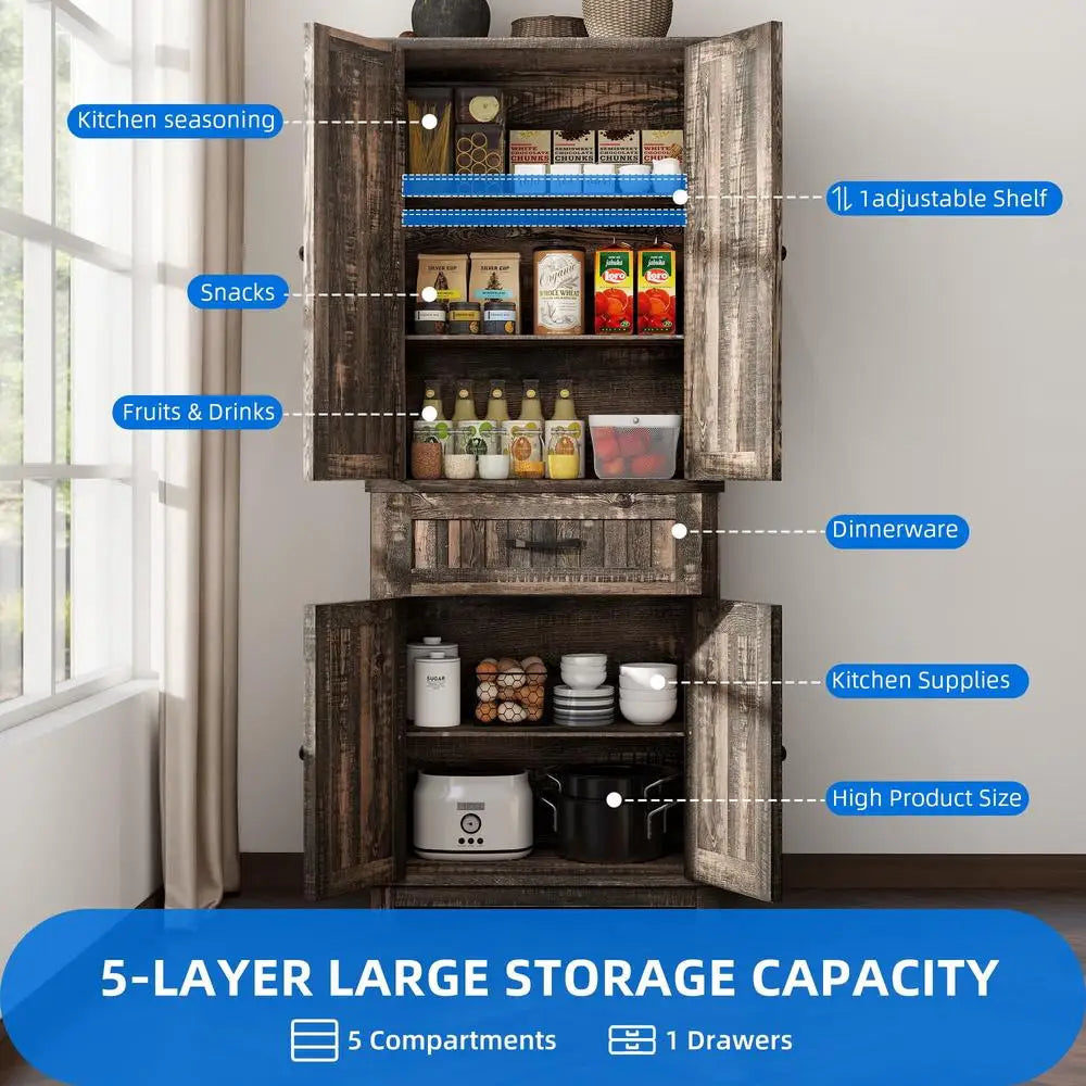 Kitchen Pantry Cabinet with Adjustable Shelves Storage Drawer Freestanding Organization Anti-Tipping Durable MDF For Kitchen