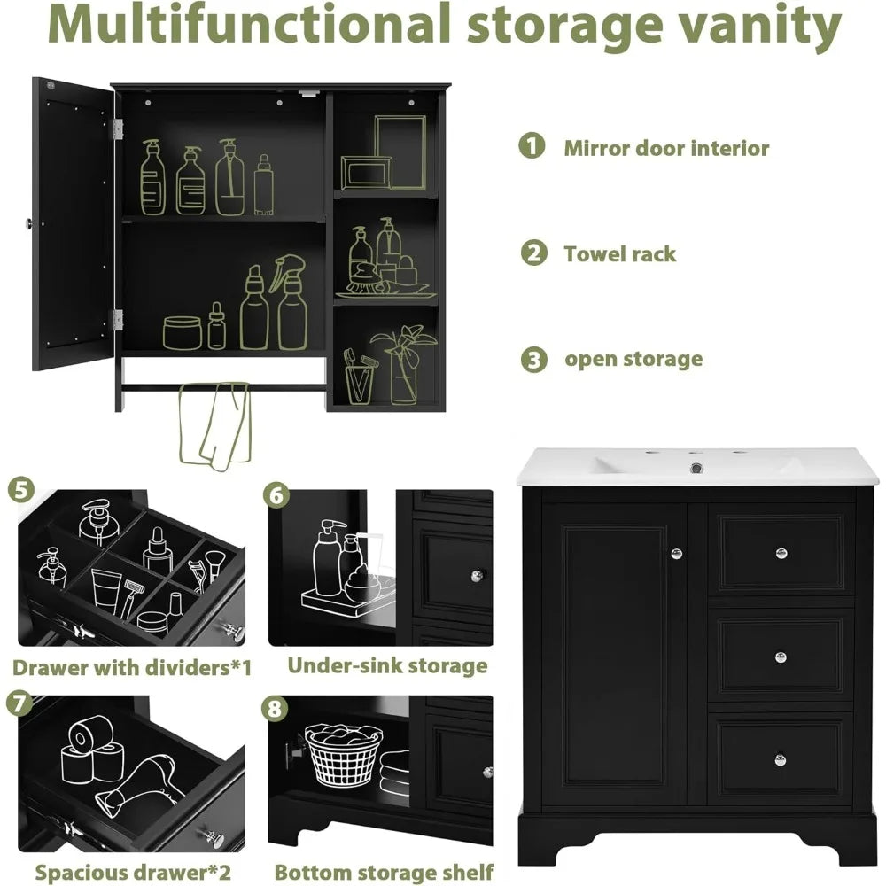 30-inch Bathroom Vanity with Sink, Modern Elegant Bathroom Storage Cabinet with 3 Drawers and Adjustable Shelves, freestanding V