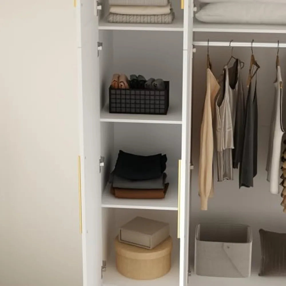 modern wooden wardrobe with mirror, hanging rod, shelves, and 4 drawers for bedroom storage