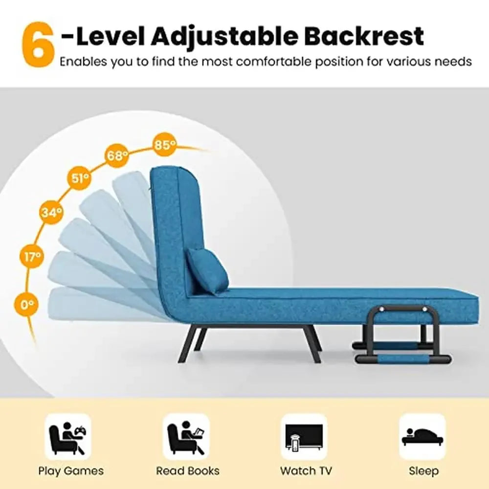 Convertible Folding Sleeper Chair w/ Pillow 6-Level Adjustable Backrest Metal Legs Armrests Modern Recliner Sofa Bed Guest Bed